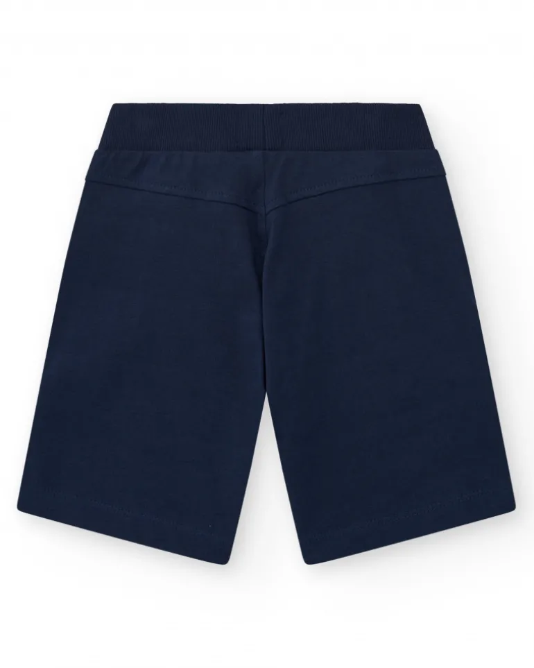 Bermuda bleu marine pour garçon avec taille élastique et imprimé devant.