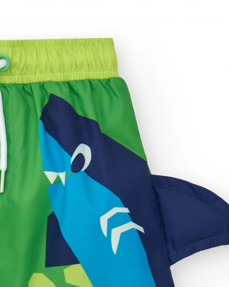 Bermuda de bain verte pour garçon avec requin et nageoire