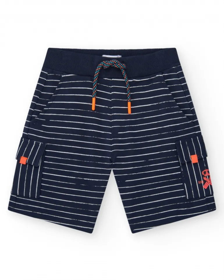Bermuda pour garçon à rayures blanches avec taille élastique et poches latérales
