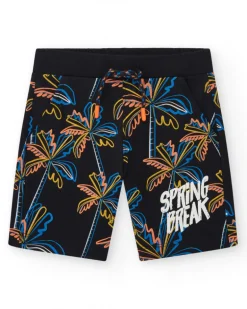 Bermuda pour garçon en noir avec imprimé tropical et taille élastique.