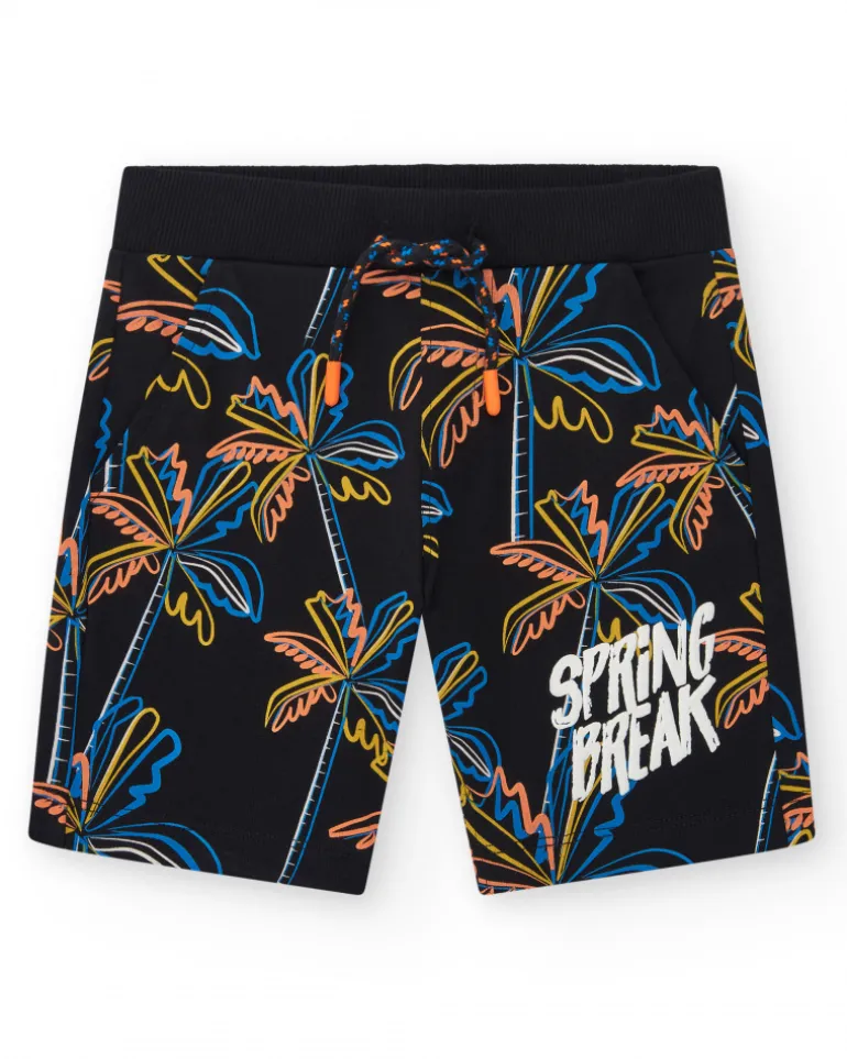 Bermuda pour garçon en noir avec imprimé tropical et taille élastique.