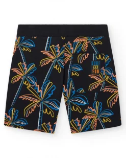 Bermuda pour garçon en noir avec imprimé tropical et taille élastique.