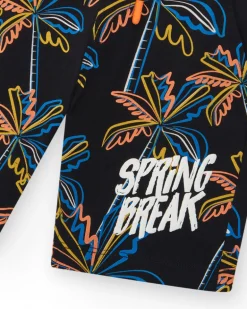 Bermuda pour garçon en noir avec imprimé tropical et taille élastique.