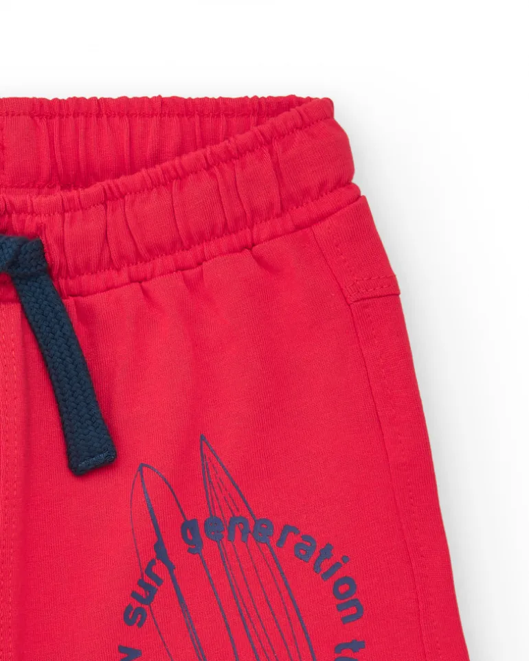 Bermuda rouge pour garçon avec imprimé de planches et taille ajustable