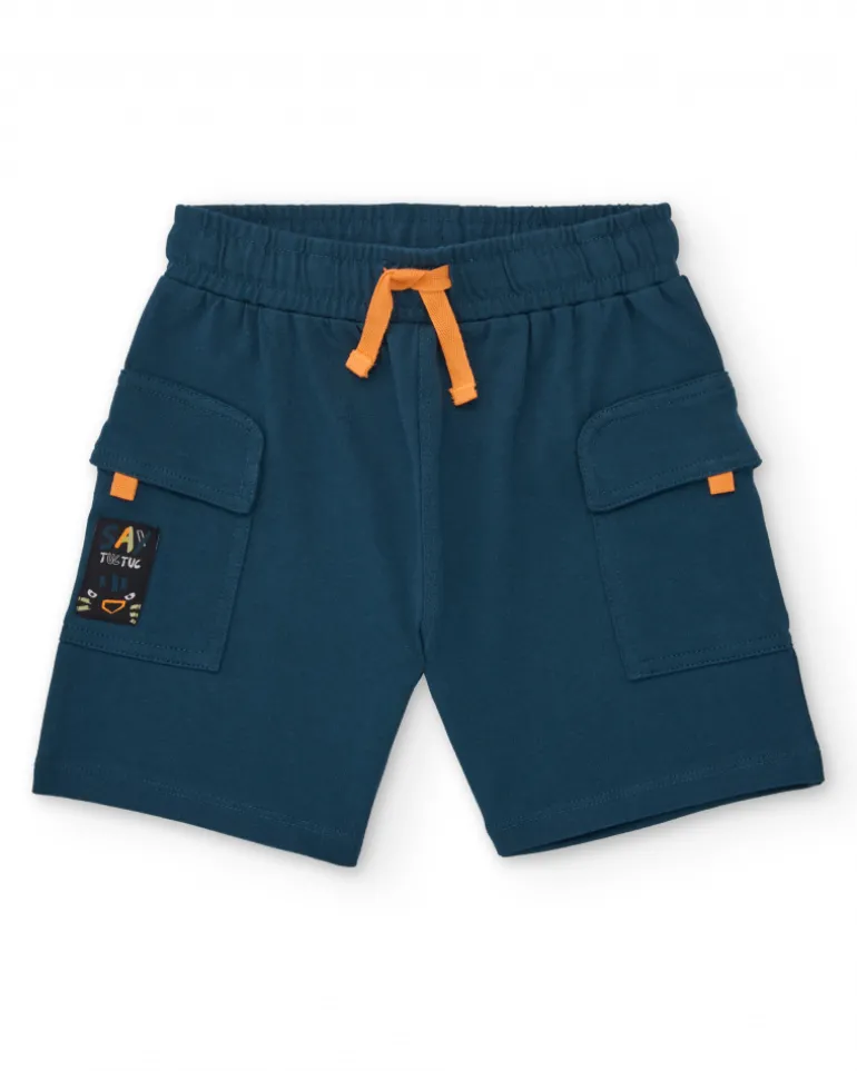 Bermuda tipo cargo para niño en azul petróleo con cordón naranja