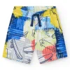 Bermudas pour garçon en bleu avec taille élastique et imprimé multicolore.