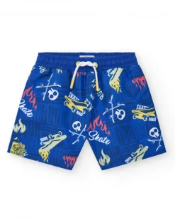 Bermudas pour garçon en bleu avec taille élastique et imprimé skate.