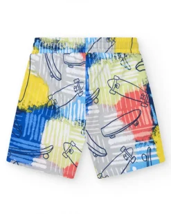 Bermudas pour garçon en bleu avec taille élastique et imprimé multicolore.