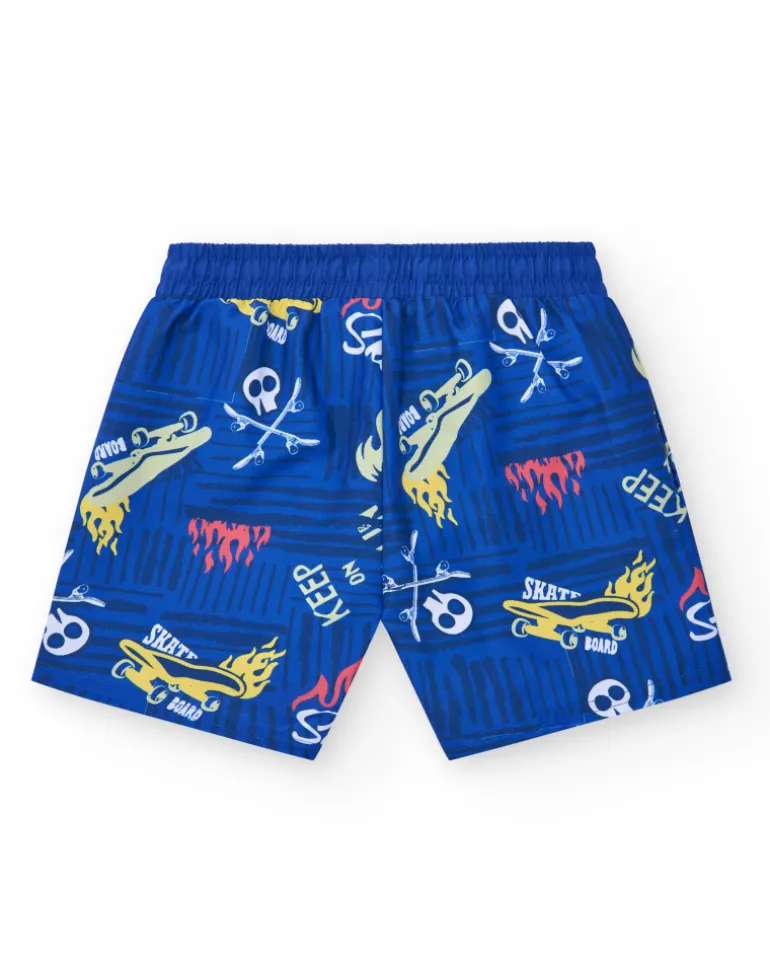 Bermudas pour garçon en bleu avec taille élastique et imprimé skate.
