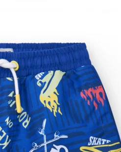 Bermudas pour garçon en bleu avec taille élastique et imprimé skate.