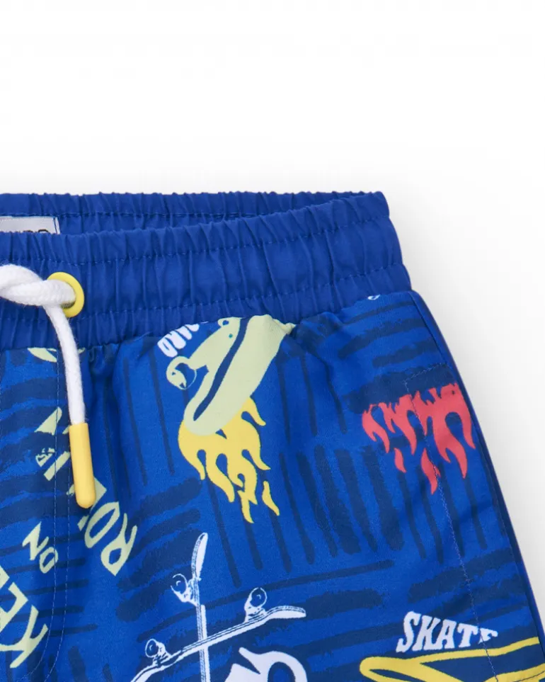 Bermudas pour garçon en bleu avec taille élastique et imprimé skate.