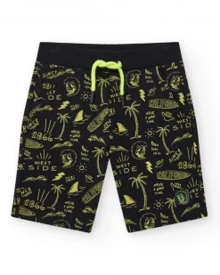 Bermudas pour garçon en noir avec taille élastique et imprimé.