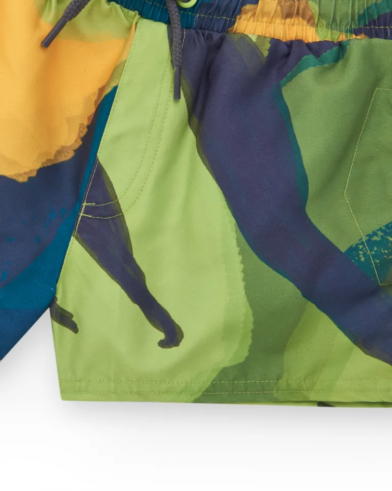 Bermudas pour garçon en vert avec imprimé tropical.