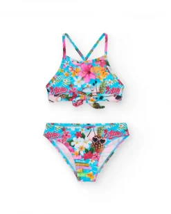 Bikini multicolore pour fille avec imprimé tropical.
