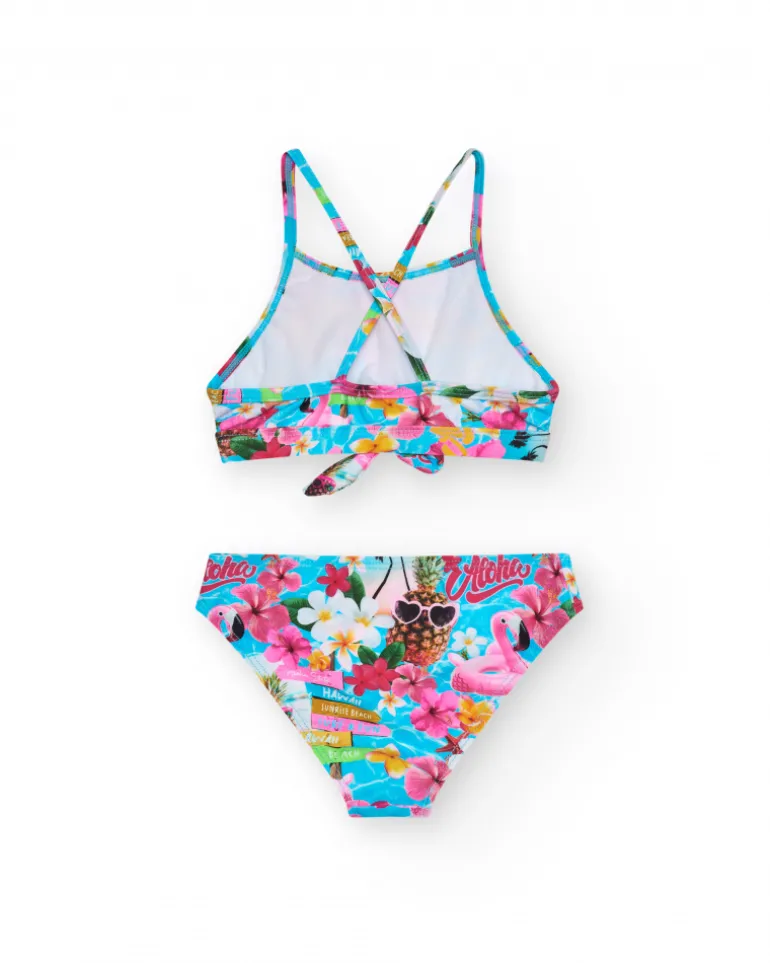 Bikini multicolore pour fille avec imprimé tropical.