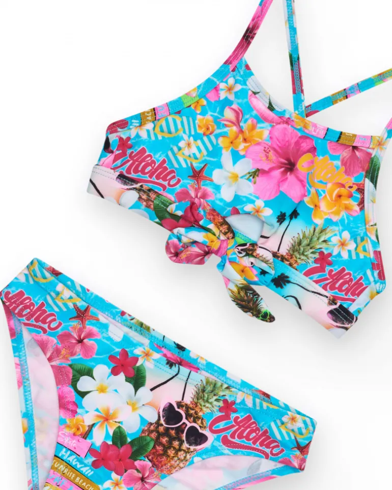 Bikini multicolore pour fille avec imprimé tropical.