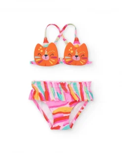 Bikini orange pour fille avec visage de chat et bretelles ajustables