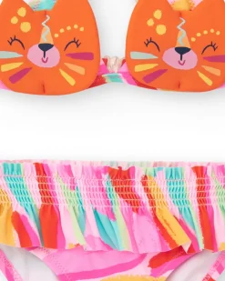 Bikini orange pour fille avec visage de chat et bretelles ajustables