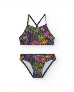 Bikini pour fille en bleu marine avec bretelles et imprimé tropical.