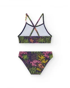 Bikini pour fille en bleu marine avec bretelles et imprimé tropical.