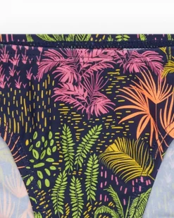Bikini pour fille en bleu marine avec bretelles et imprimé tropical.