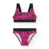Bikini pour fille en rose avec imprimé animal et clous métalliques.
