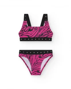 Bikini pour fille en rose avec imprimé animal et clous métalliques.