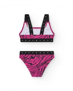 Bikini pour fille en rose avec imprimé animal et clous métalliques.
