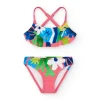 Bikini rose pour fille avec imprimé tropical et volants