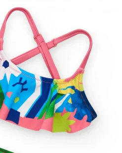 Bikini rose pour fille avec imprimé tropical et volants
