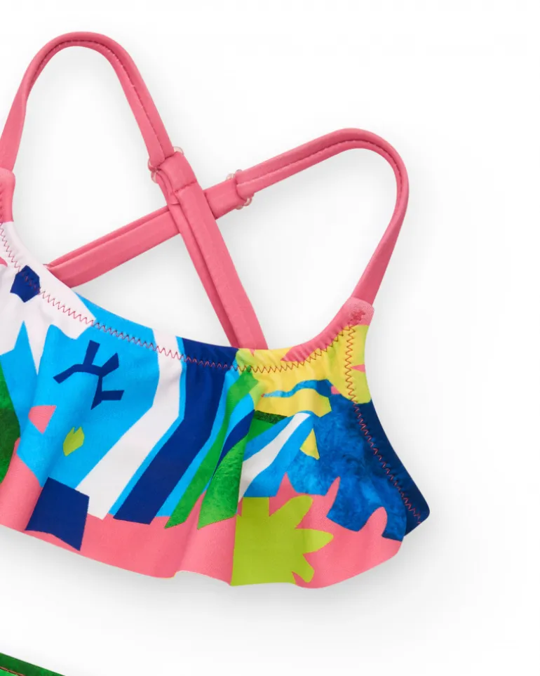 Bikini rose pour fille avec imprimé tropical et volants
