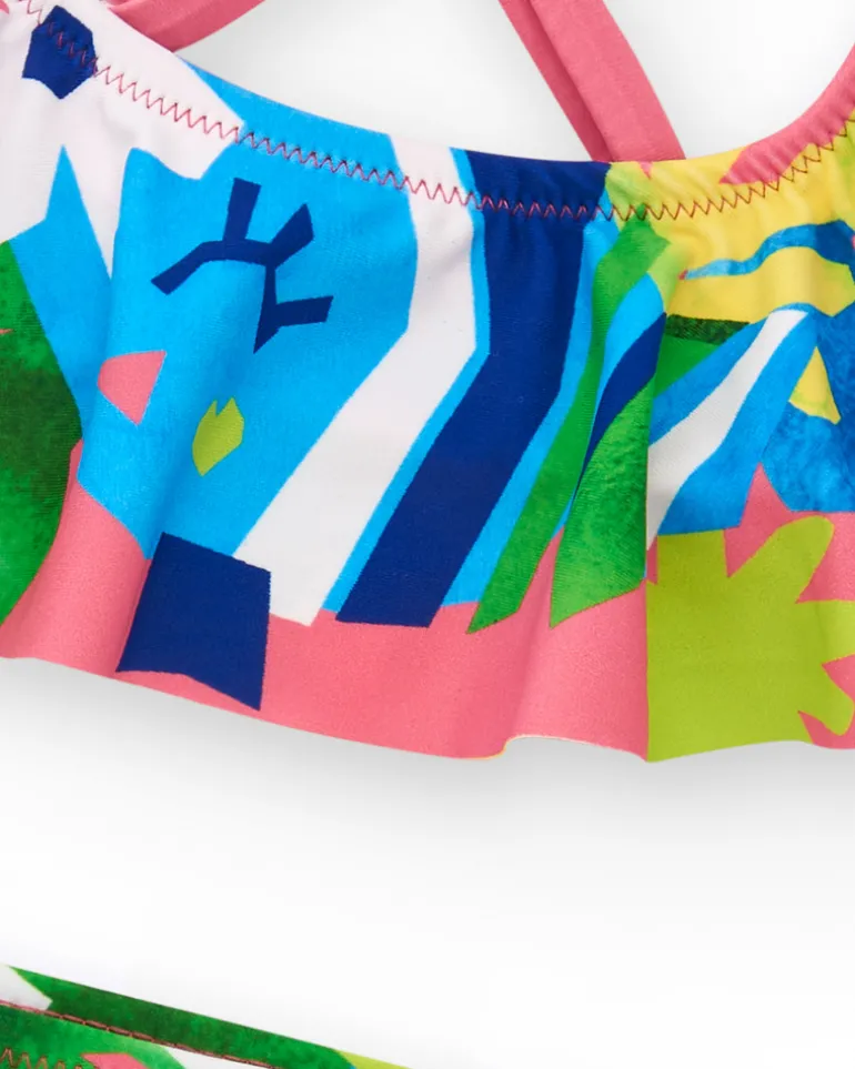 Bikini rose pour fille avec imprimé tropical et volants