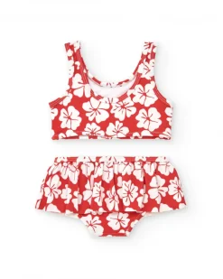 Bikini rouge pour fille avec imprimé floral et volant