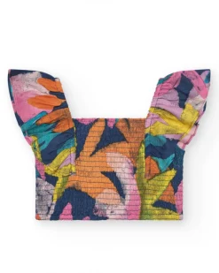 Blouse pour fille multicolore avec bretelles larges et ajustement smocké.