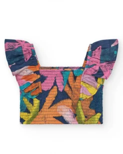 Blouse pour fille multicolore avec bretelles larges et ajustement smocké.