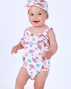 Body rose pour fille avec imprimé de parapluies, palmiers et soleils