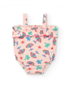 Body rose pour fille avec imprimé de parapluies, palmiers et soleils