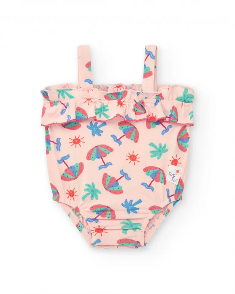 Body rose pour fille avec imprimé de parapluies, palmiers et soleils
