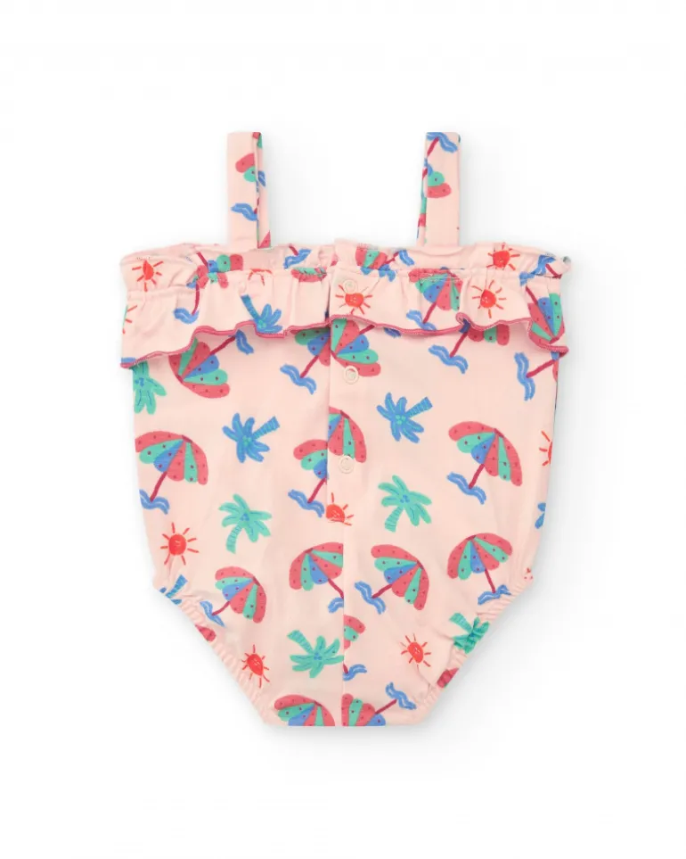 Body rose pour fille avec imprimé de parapluies, palmiers et soleils