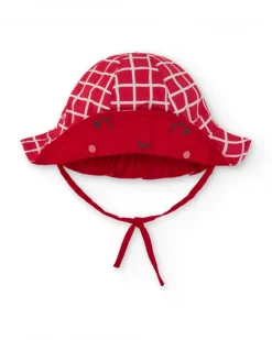 Bonnet en tricot rouge pour fille avec carreaux blancs et visage brodé