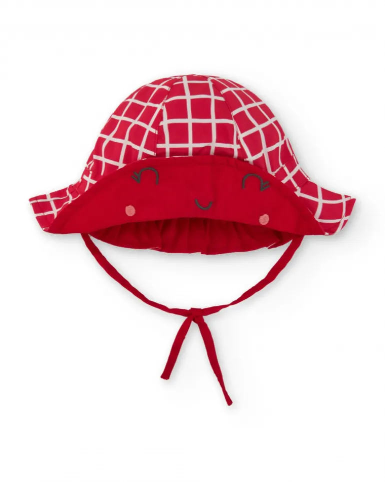 Bonnet en tricot rouge pour fille avec carreaux blancs et visage brodé