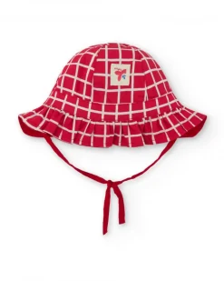 Bonnet en tricot rouge pour fille avec carreaux blancs et visage brodé