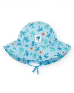 Bonnet plat pour garçon bleu avec imprimé de palmiers, vagues et soleils