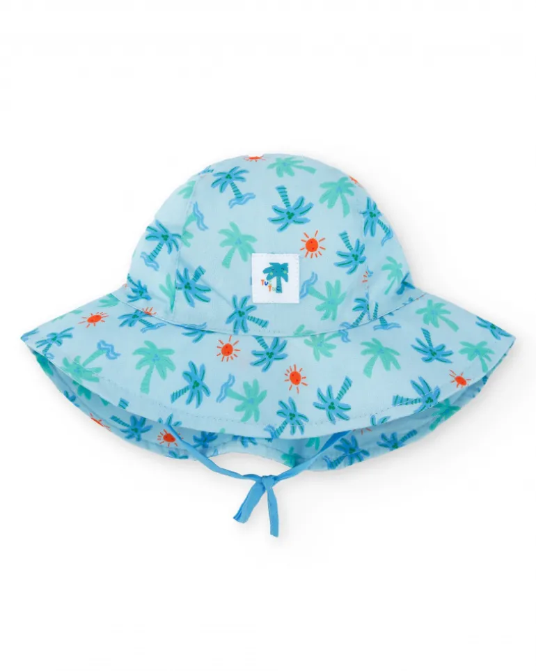 Bonnet plat pour garçon bleu avec imprimé de palmiers, vagues et soleils