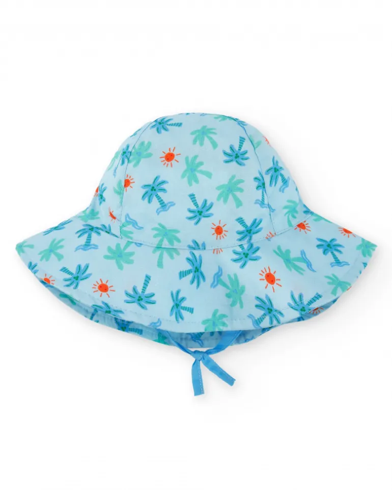 Bonnet plat pour garçon bleu avec imprimé de palmiers, vagues et soleils
