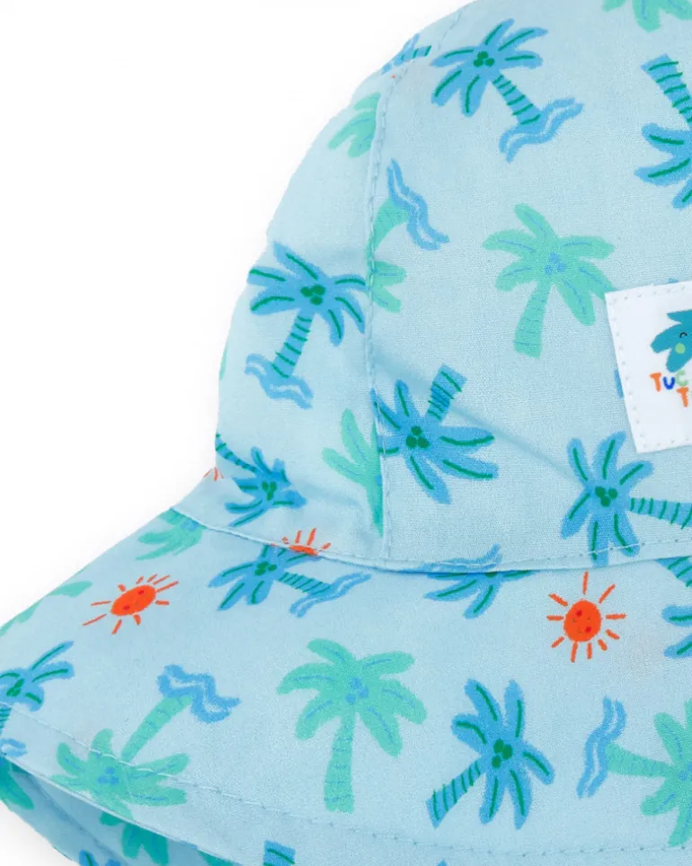 Bonnet plat pour garçon bleu avec imprimé de palmiers, vagues et soleils