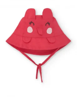 Bonnet plat rouge pour fille avec oreilles appliquées et design brodé