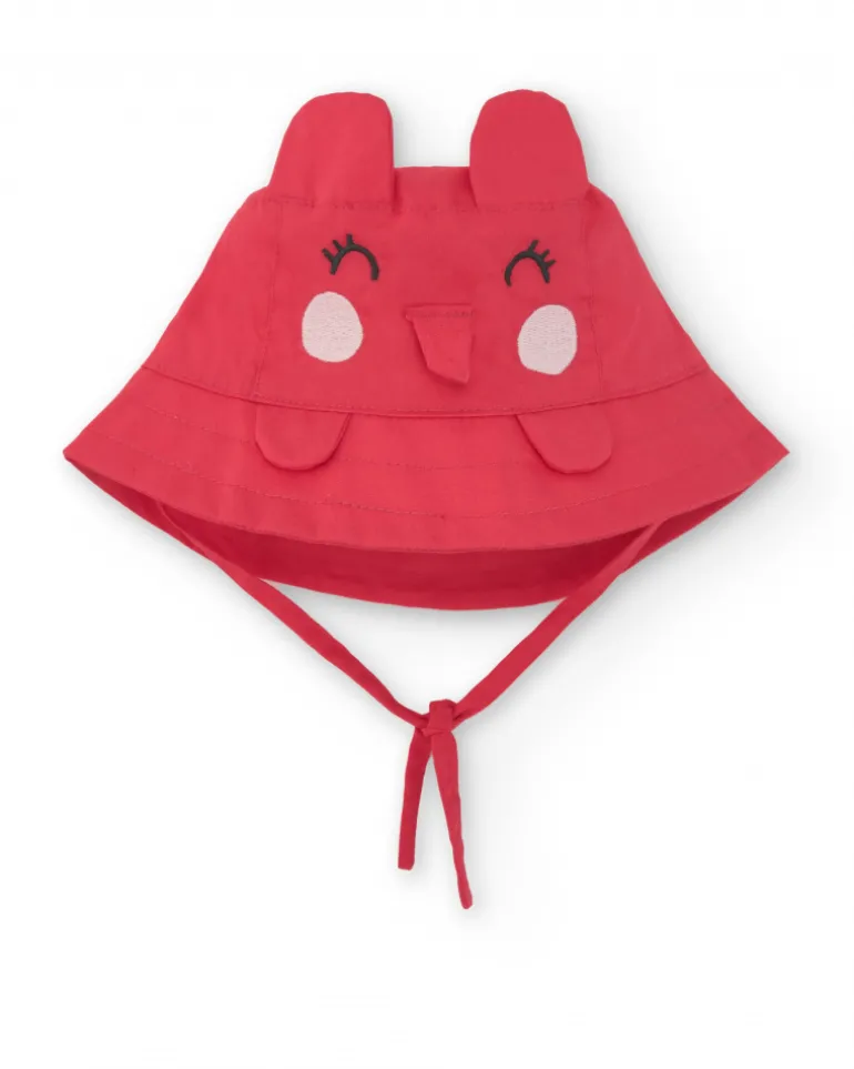 Bonnet plat rouge pour fille avec oreilles appliquées et design brodé