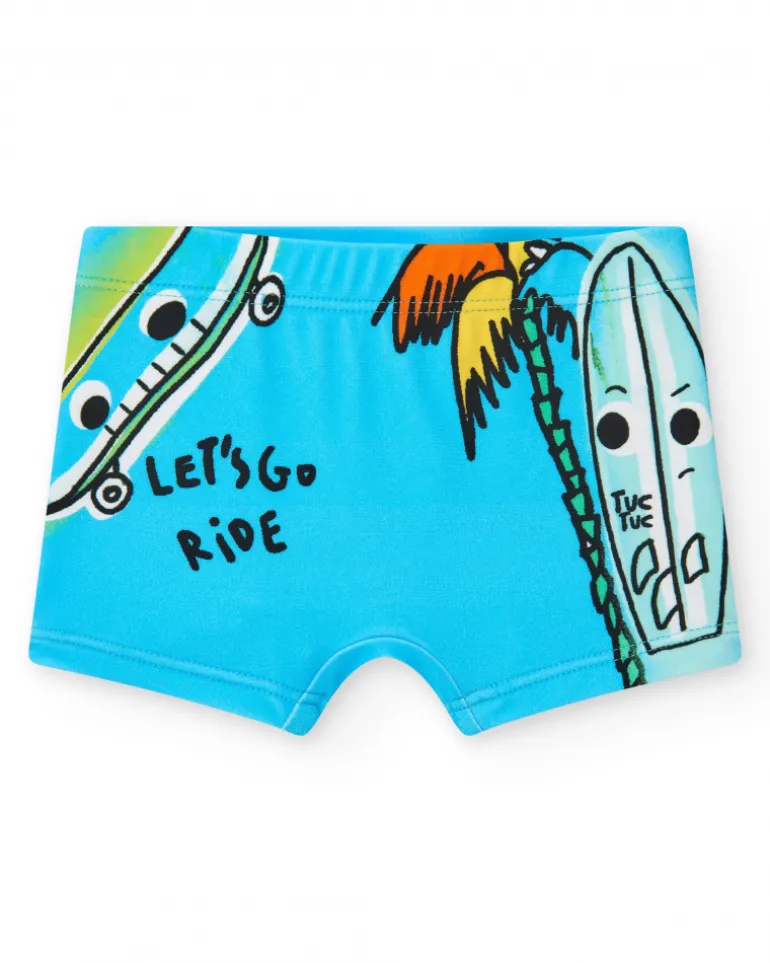 Boxer bleu pour garçon avec trottinette et phrase "Let's Go Ride"