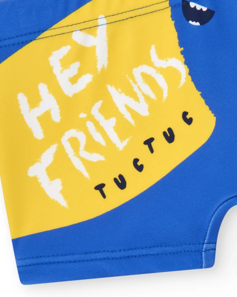 Boxer de bain bleu pour garçon avec phrase "HEY FRIENDS"